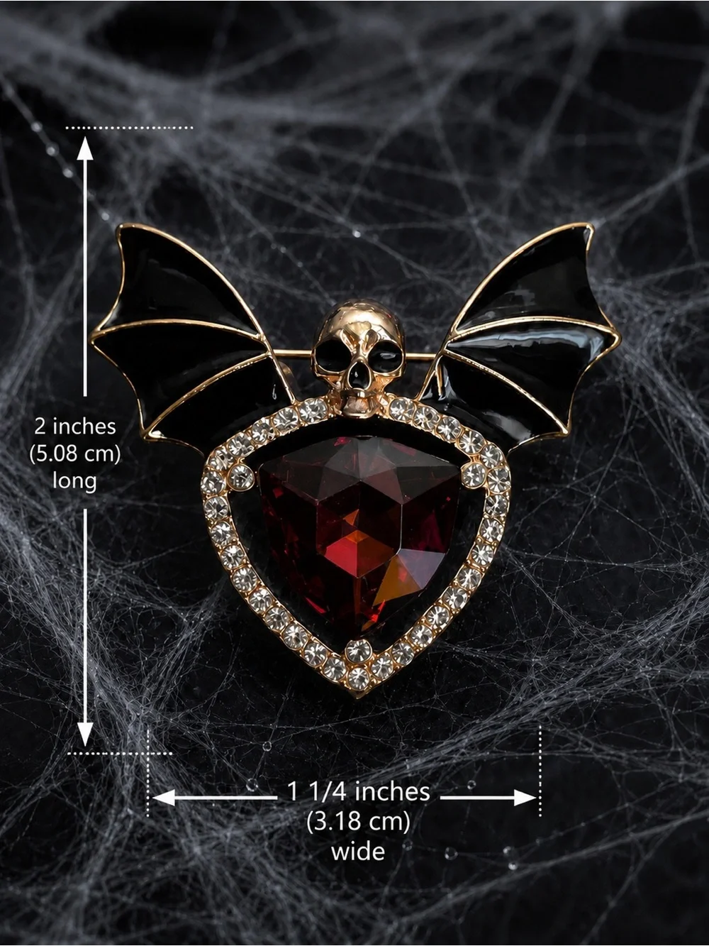Gothic Bat Skull brooch with maroon Gem Halloween
